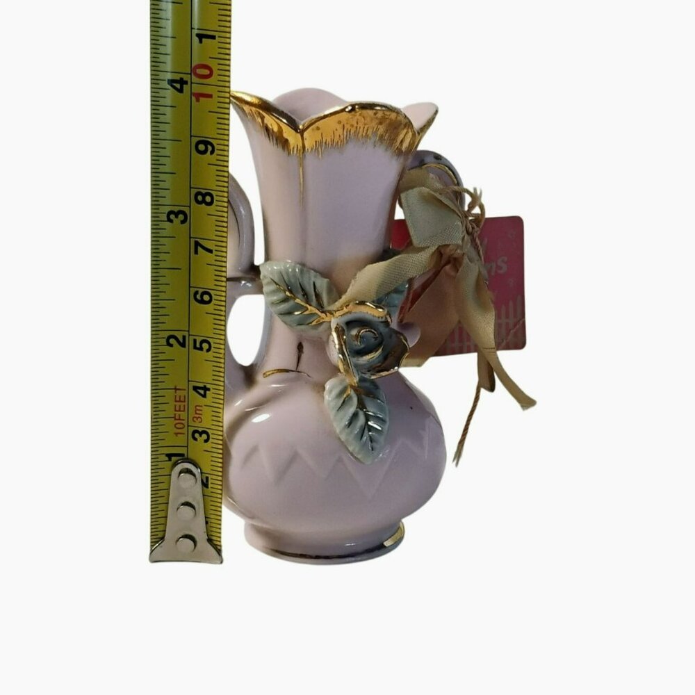 Vintage Pink Gold Ceramic Miniature Vase Original Tag Herbary Gardens Sachet 4" - Picture 5 of 6